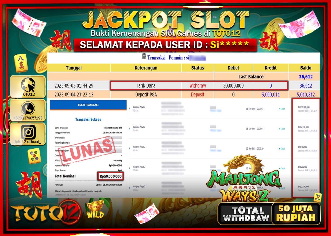 HANYA DI TOTO12 JP PASTI DI BAYAR LUNAS DAN CEPAT!!!!!! JACKPOT SLOT GAME (MAHJONG WAYS 2) Rp.50.000.000 !!!!