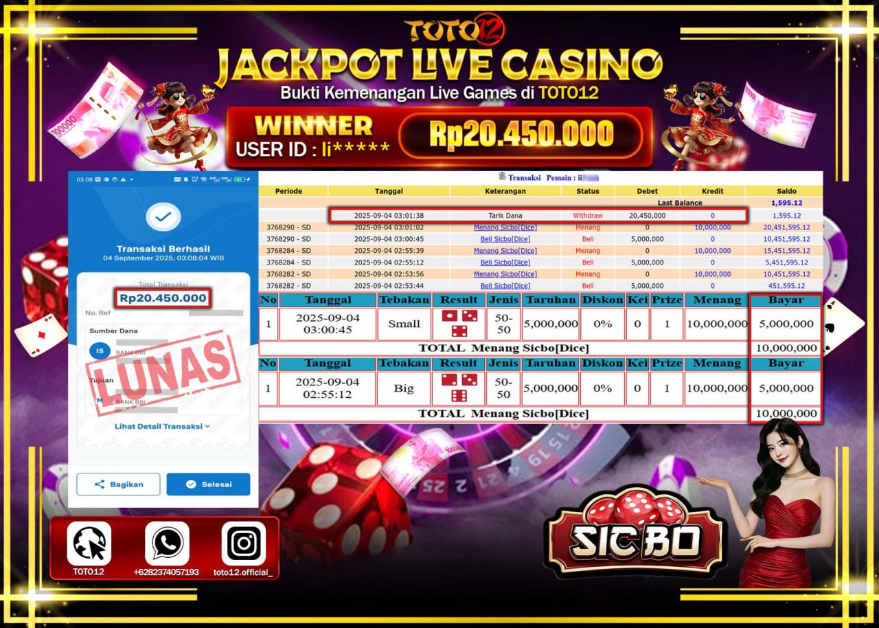 HANYA DI TOTO12 JP PASTI DI BAYAR LUNAS DAN CEPAT!!!!!! JACKPOT LIVE CASINO PASARAN (SIC BO) Rp.20.450.000 !!!!