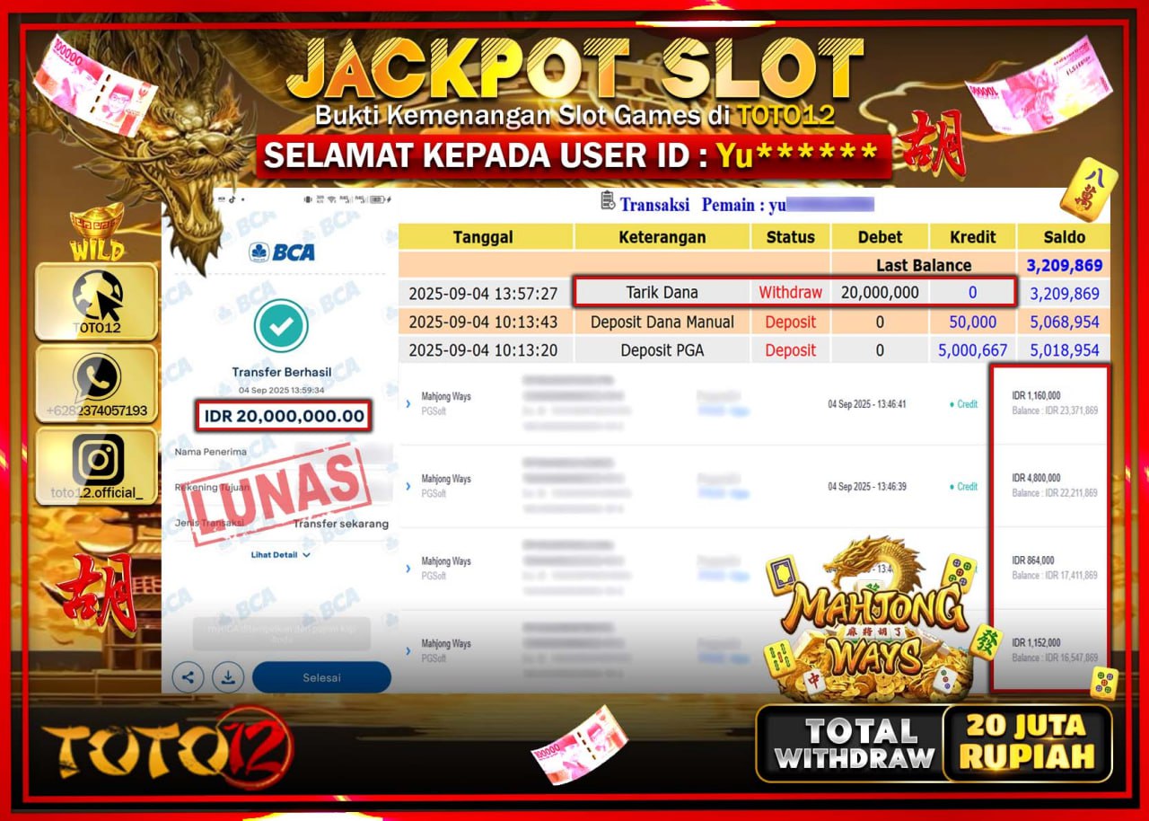 HANYA DI TOTO12 JP PASTI DI BAYAR LUNAS DAN CEPAT!!!!!! JACKPOT SLOT GAME (MAHJONG WAYS) Rp.20.000.000 !!!!