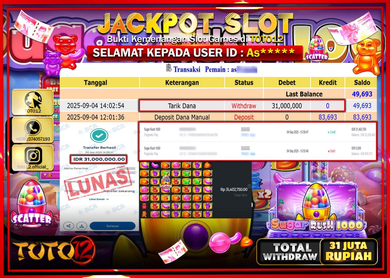 HANYA DI TOTO12 JP PASTI DI BAYAR LUNAS DAN CEPAT!!!!!! JACKPOT SLOT GAME (SUGAR RUSH 1000) Rp.31.000.000 !!!!