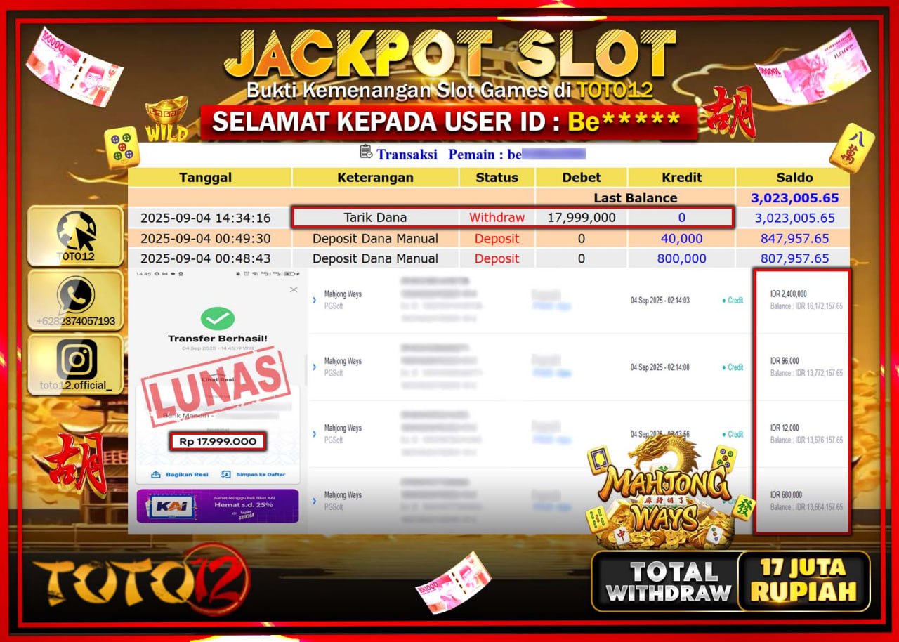 HANYA DI TOTO12 JP PASTI DI BAYAR LUNAS DAN CEPAT!!!!!! JACKPOT SLOT GAME (MAHJONG WAYS) Rp.17.999.000 !!!!