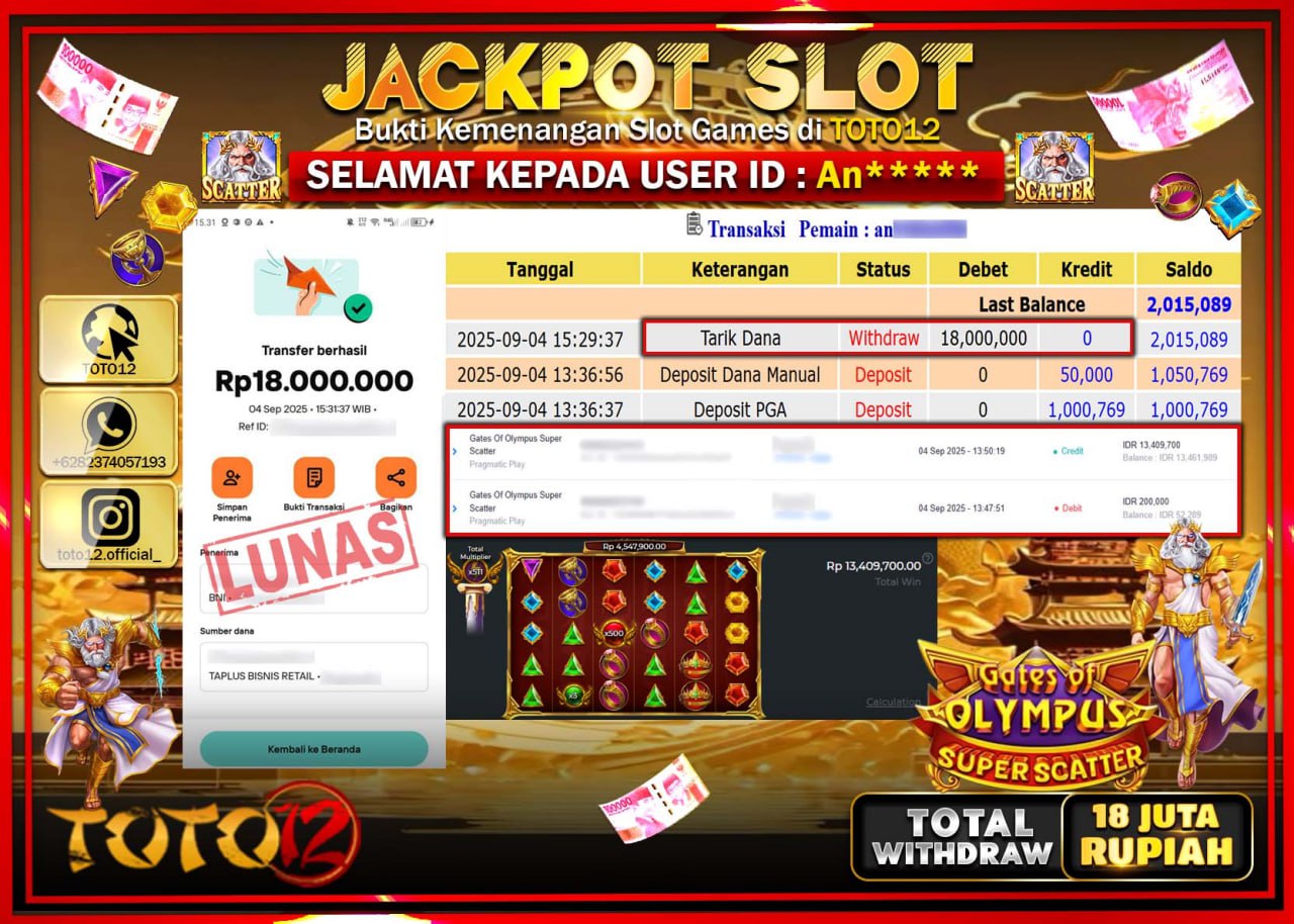 HANYA DI TOTO12 JP PASTI DI BAYAR LUNAS DAN CEPAT!!!!!! JACKPOT SLOT GAME (GATES OF OLYMPUS SUPER SCATTER) Rp.18.000.000 !!!!