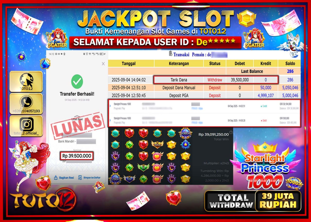 HANYA DI TOTO12 JP PASTI DI BAYAR LUNAS DAN CEPAT!!!!!! JACKPOT SLOT GAME (STARLIGHT PRINCESS 1000) Rp.39.500.000 !!!!