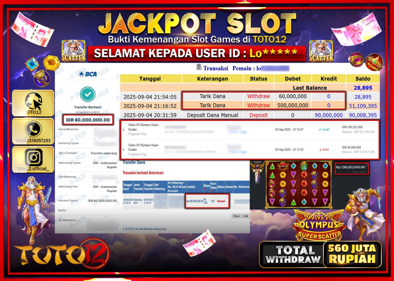 HANYA DI TOTO12 JP PASTI DI BAYAR LUNAS DAN CEPAT!!!!!! JACKPOT SLOT GAME (GATES OF OLYMPUS SUPER SCATTER) Rp.560.000.000 !!!!