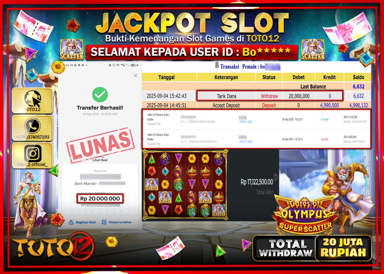 HANYA DI TOTO12 JP PASTI DI BAYAR LUNAS DAN CEPAT!!!!!! JACKPOT SLOT GAME (GATES OF OLYMPUS SUPER SCATTER) Rp.20.000.000 !!!!
