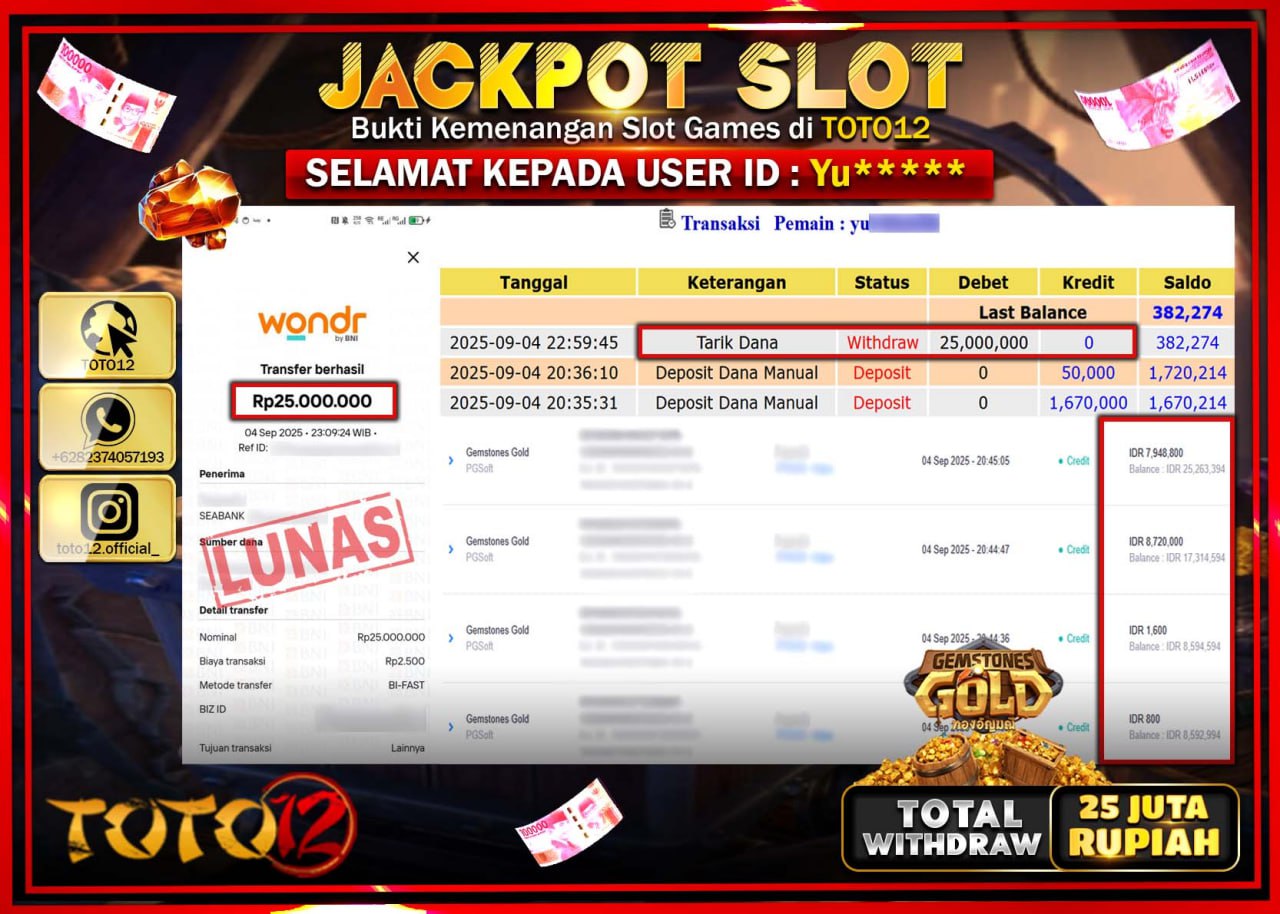HANYA DI TOTO12 JP PASTI DI BAYAR LUNAS DAN CEPAT!!!!!! JACKPOT SLOT GAME (GEMSTONES GOLD) Rp.25.000.000 !!!!