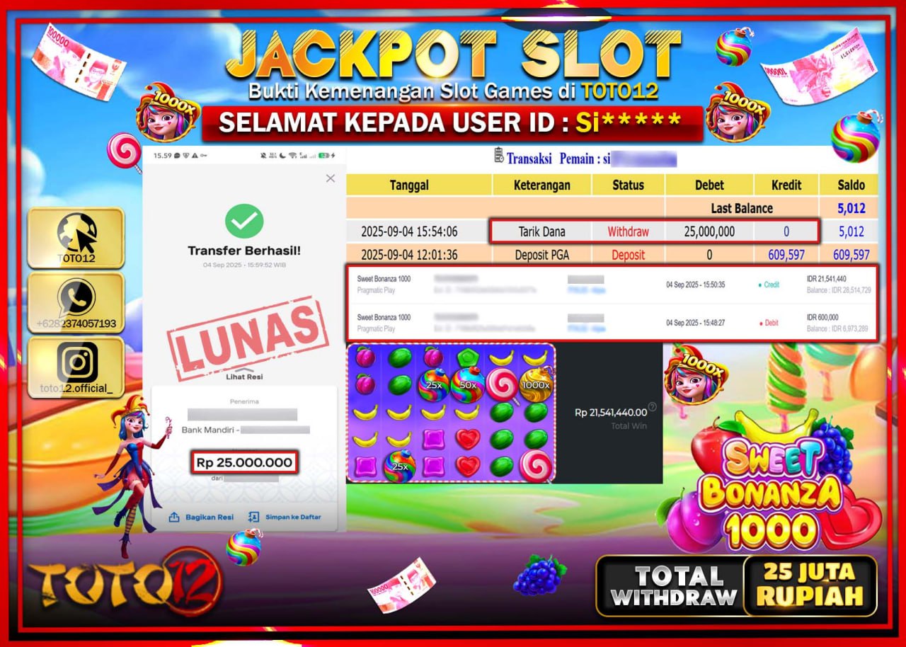HANYA DI TOTO12 JP PASTI DI BAYAR LUNAS DAN CEPAT!!!!!! JACKPOT SLOT GAME (SWEET BONANZA 1000) Rp.25.000.000 !!!!