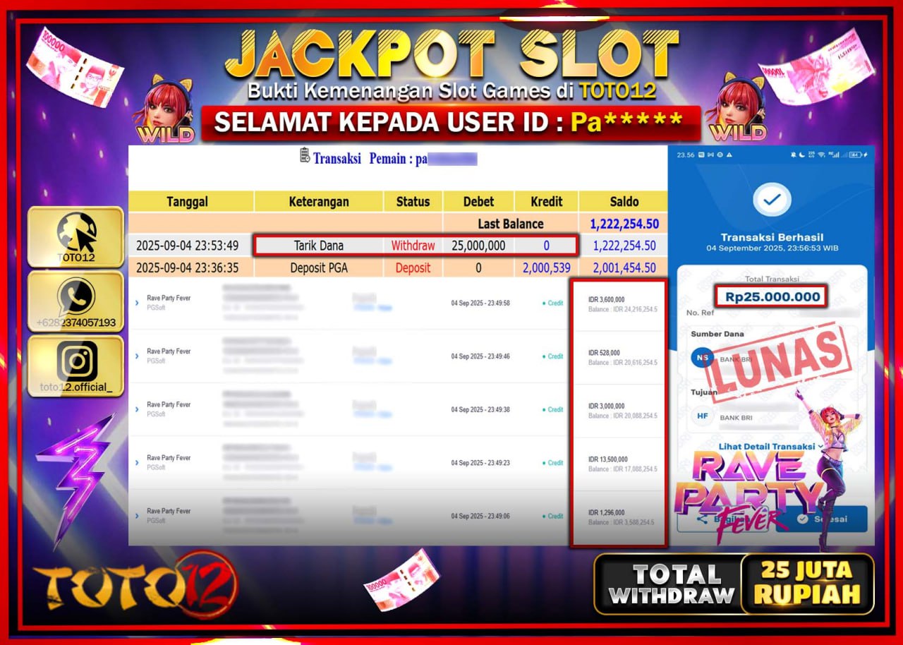 HANYA DI TOTO12 JP PASTI DI BAYAR LUNAS DAN CEPAT!!!!!! JACKPOT SLOT GAME (RAVE PARTY FEVER) Rp.25.000.000 !!!!
