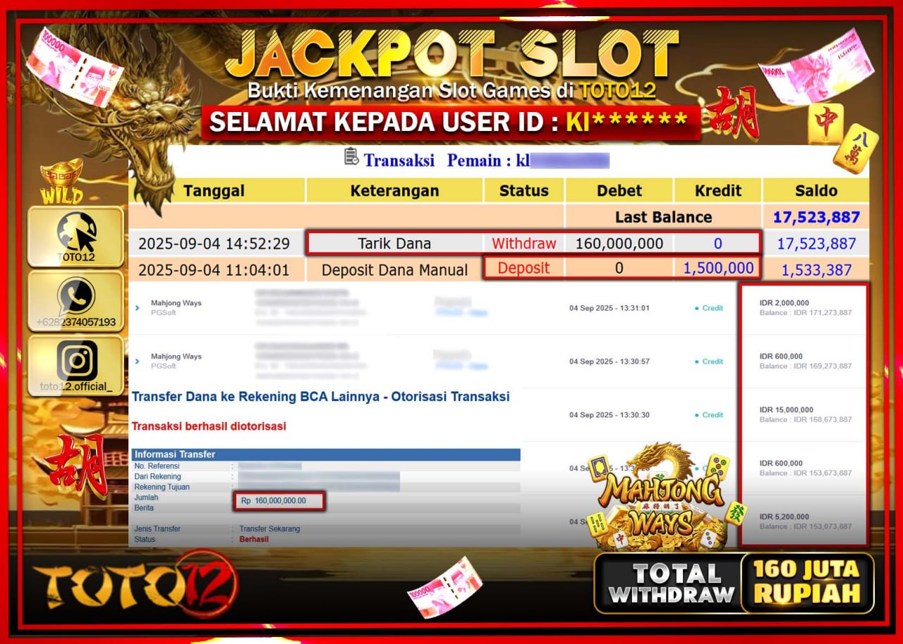 HANYA DI TOTO12 JP PASTI DI BAYAR LUNAS DAN CEPAT!!!!!! JACKPOT SLOT GAME (MAHJONG WAYS) Rp.160.000.000 !!!!
