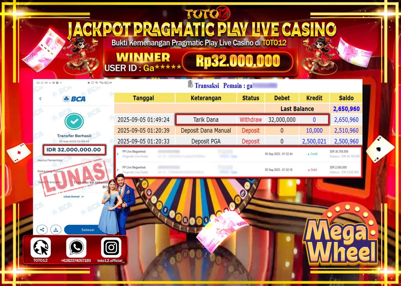 HANYA DI TOTO12 JP PASTI DI BAYAR LUNAS DAN CEPAT!!!!!! JACKPOT PRAGMATIC PLAY LIVE CASINO (MEGA WHEEL) Rp.32.000.000 !!!!
