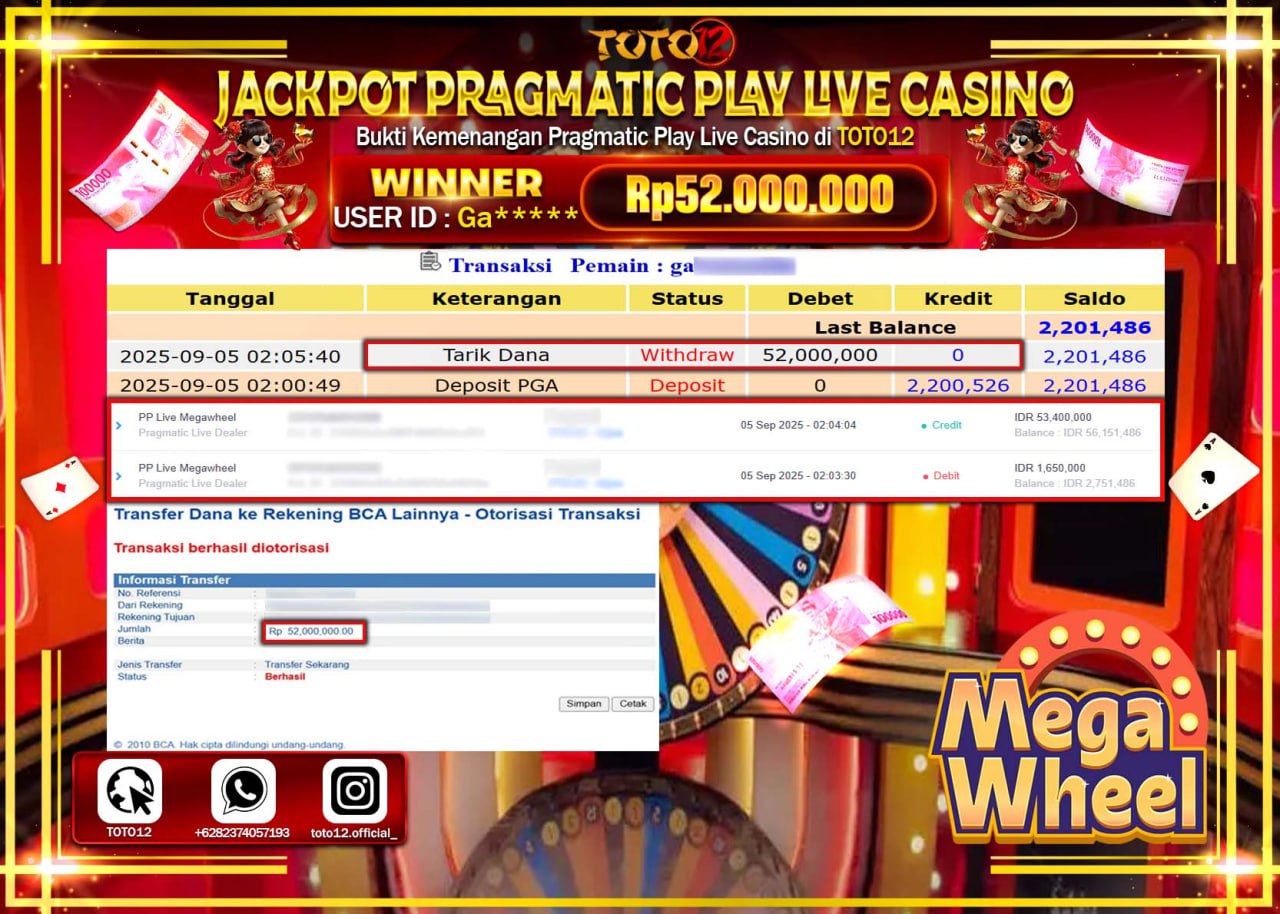 HANYA DI TOTO12 JP PASTI DI BAYAR LUNAS DAN CEPAT!!!!!! JACKPOT PRAGMATIC PLAY LIVE CASINO (MEGA WHEEL) Rp.52.000.000 !!!!