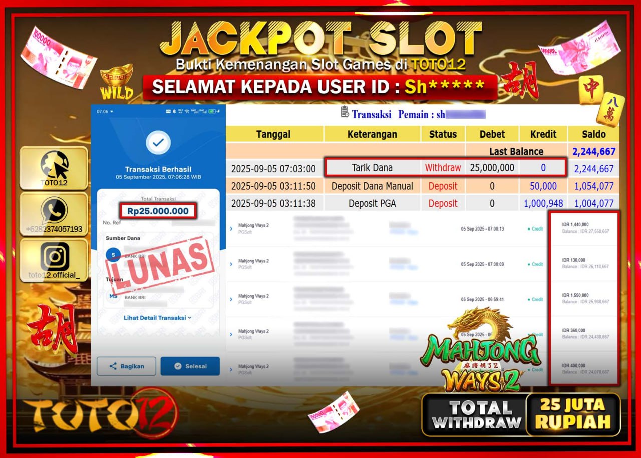 HANYA DI TOTO12 JP PASTI DI BAYAR LUNAS DAN CEPAT!!!!!! JACKPOT SLOT GAME (MAHJONG WAYS 2) Rp.25.000.000 !!!!