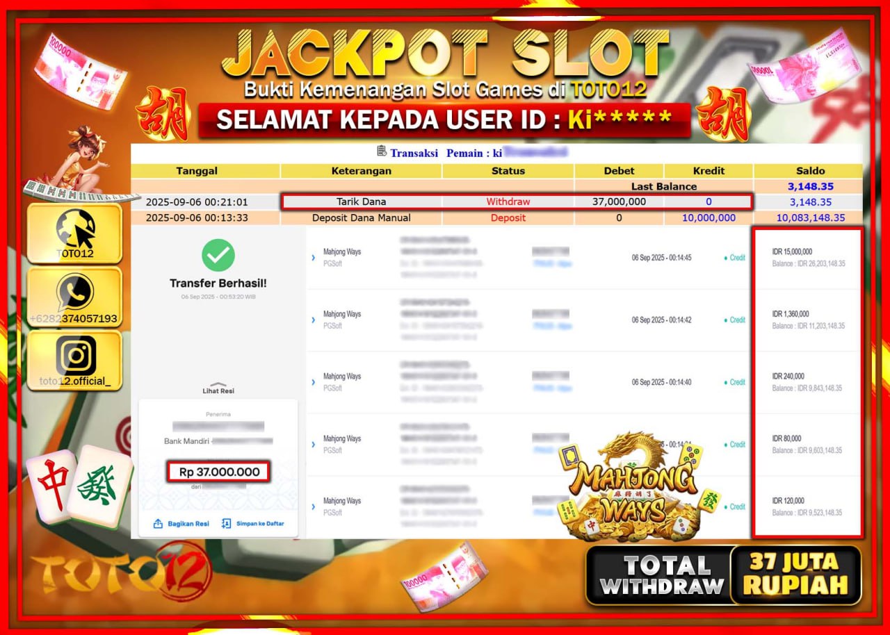 HANYA DI TOTO12 JP PASTI DI BAYAR LUNAS DAN CEPAT!!!!!! JACKPOT SLOT GAME (MAHJONG WAYS) Rp.37.000.000 !!!!