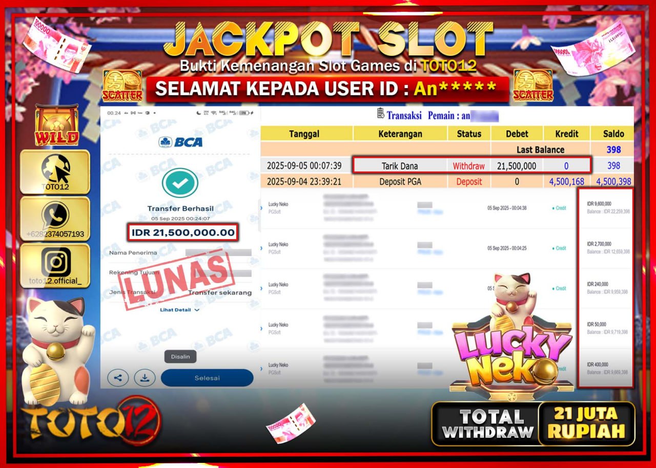 HANYA DI TOTO12 JP PASTI DI BAYAR LUNAS DAN CEPAT!!!!!! JACKPOT SLOT GAME (LUCKY NEKO) Rp.21.500.000 !!!!