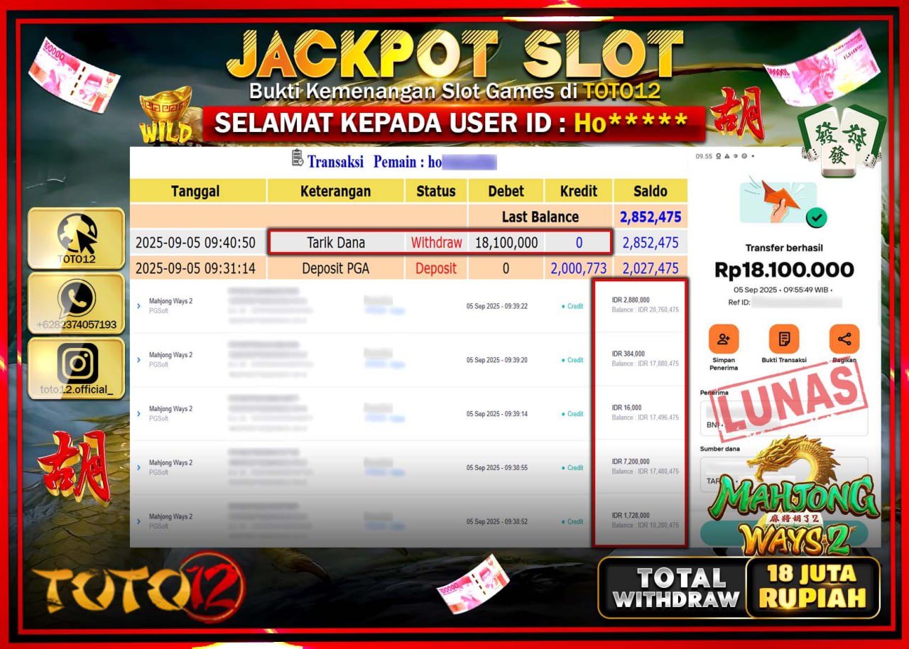 HANYA DI TOTO12 JP PASTI DI BAYAR LUNAS DAN CEPAT!!!!!! JACKPOT SLOT GAME (MAHJONG WAYS 2) Rp.18.100.000 !!!!