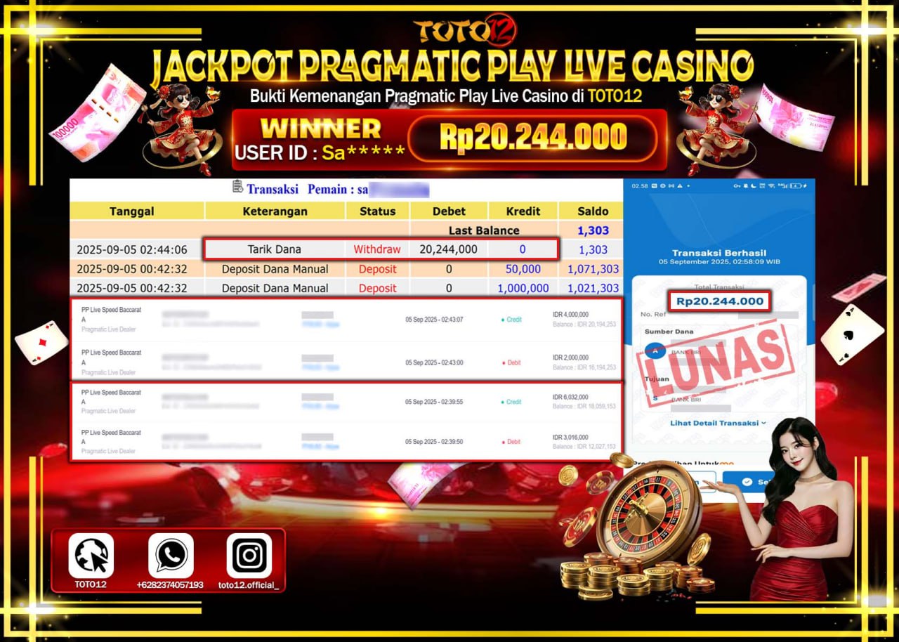 HANYA DI TOTO12 JP PASTI DI BAYAR LUNAS DAN CEPAT!!!!!! JACKPOT PRAGMATIC PLAY LIVE CASINO (SPEED BACCARAT) Rp.20.244.000 !!!!