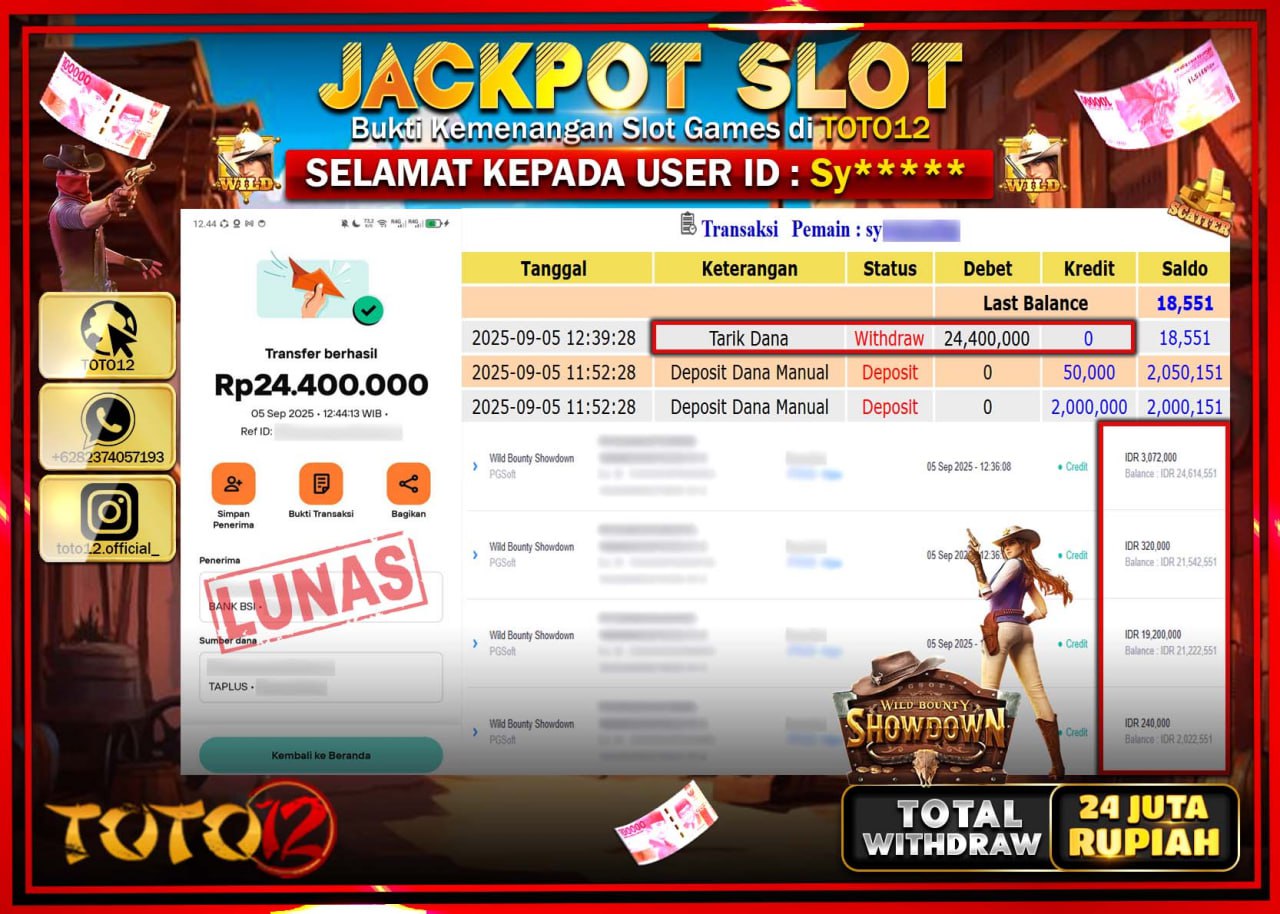 HANYA DI TOTO12 JP PASTI DI BAYAR LUNAS DAN CEPAT!!!!!! JACKPOT SLOT GAME (WILD BOUNTY SHOWDOWN) Rp.24.400.000 !!!!