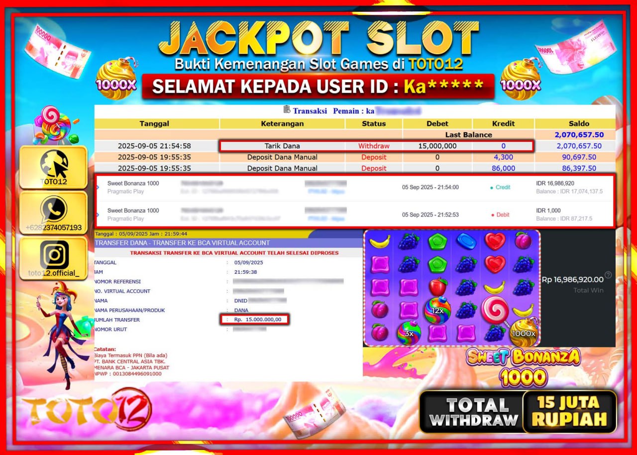 HANYA DI TOTO12 JP PASTI DI BAYAR LUNAS DAN CEPAT!!!!!! JACKPOT SLOT GAME (SWEET BONANZA 1000) Rp.15.000.000 !!!!