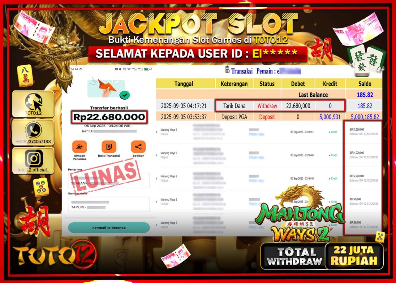 HANYA DI TOTO12 JP PASTI DI BAYAR LUNAS DAN CEPAT!!!!!! JACKPOT SLOT GAME (MAHJONG WAYS 2) Rp.22.680.000 !!!!