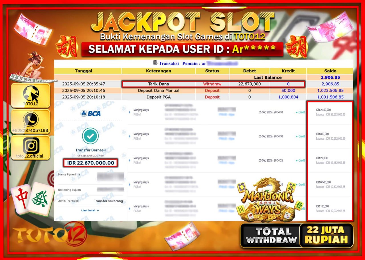 HANYA DI TOTO12 JP PASTI DI BAYAR LUNAS DAN CEPAT!!!!!! JACKPOT SLOT GAME (MAHJONG WAYS) Rp.22.670.000 !!!!