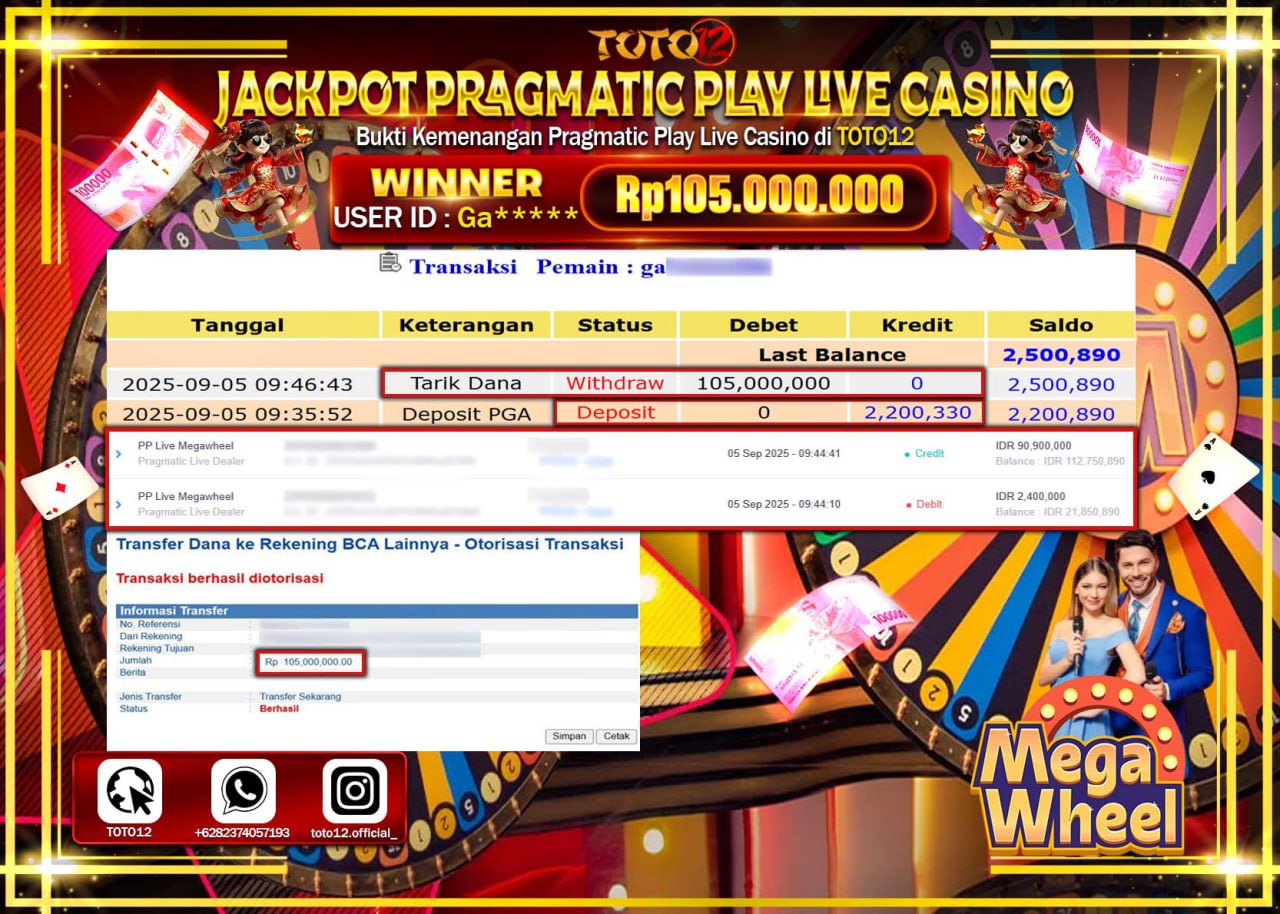 HANYA DI TOTO12 JP PASTI DI BAYAR LUNAS DAN CEPAT!!!!!! JACKPOT PRAGMATIC PLAY LIVE CASINO (MEGA WHEEL) Rp.105.000.000 !!!!