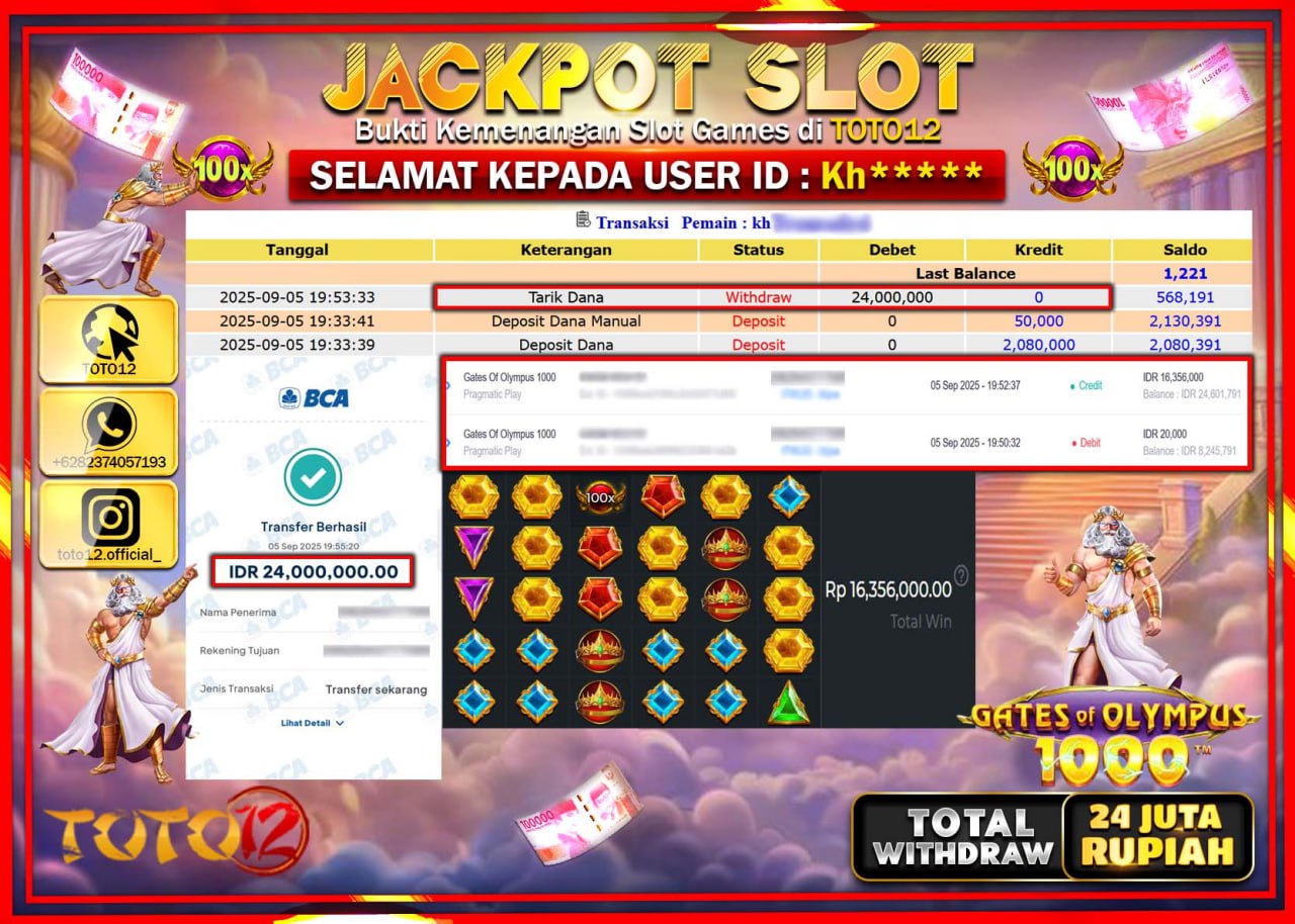 HANYA DI TOTO12 JP PASTI DI BAYAR LUNAS DAN CEPAT!!!!!! JACKPOT SLOT GAME (GATES OF OLYMPUS 1000) Rp.24.000.000 !!!!
