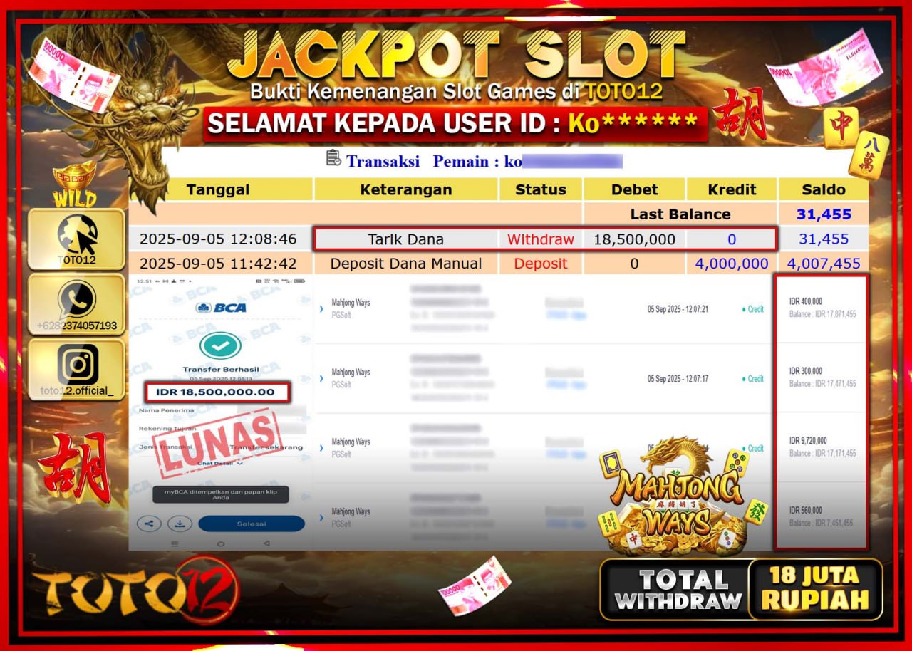 HANYA DI TOTO12 JP PASTI DI BAYAR LUNAS DAN CEPAT!!!!!! JACKPOT SLOT GAME (MAHJONG WAYS) Rp.18.500.000 !!!!