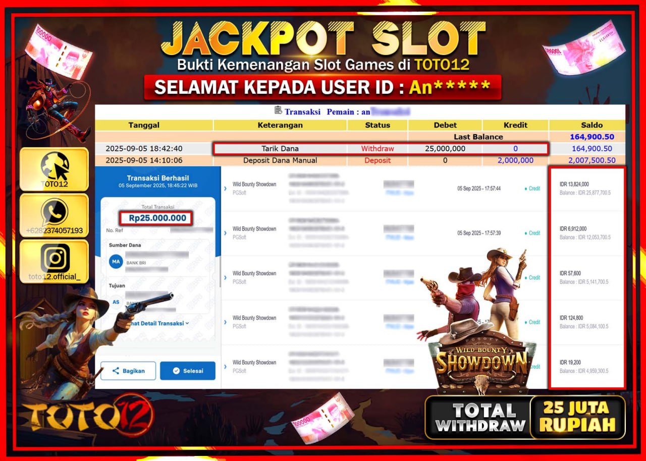 HANYA DI TOTO12 JP PASTI DI BAYAR LUNAS DAN CEPAT!!!!!! JACKPOT SLOT GAME (WILD BOUNTY SHOWDOWN) Rp.25.000.000 !!!!
