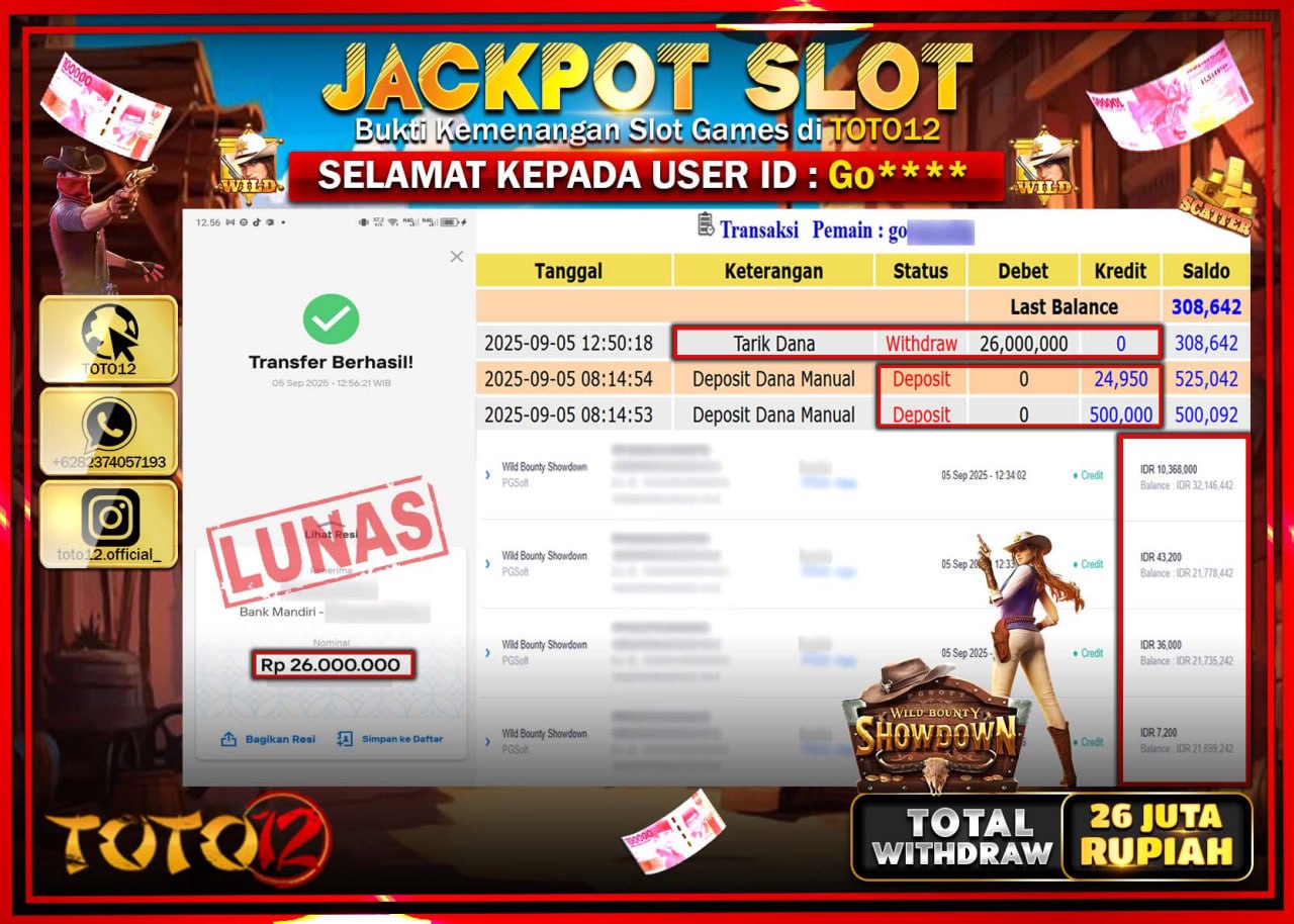 HANYA DI TOTO12 JP PASTI DI BAYAR LUNAS DAN CEPAT!!!!!! JACKPOT SLOT GAME (WILD BOUNTY SHOWDOWN) Rp.26.000.000 !!!!