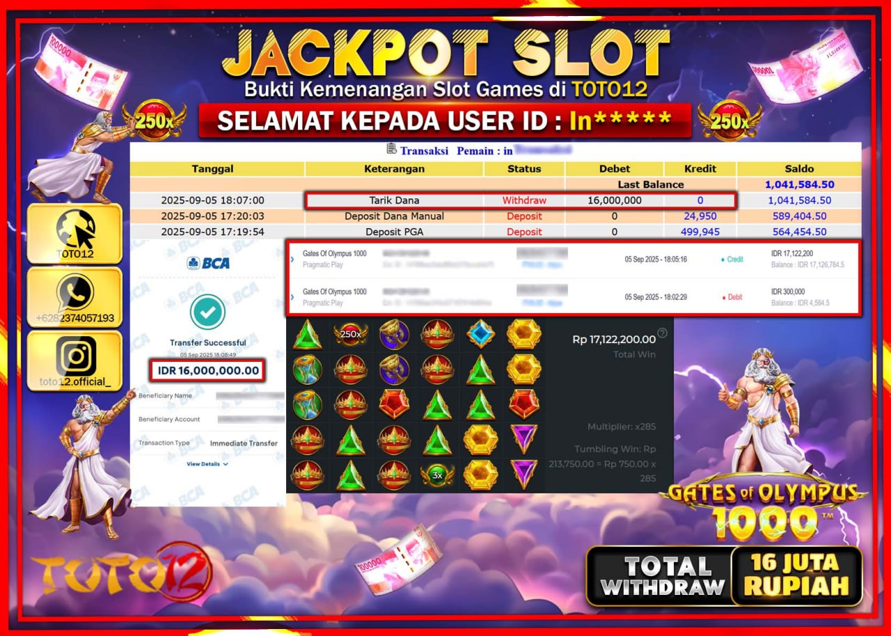 HANYA DI TOTO12 JP PASTI DI BAYAR LUNAS DAN CEPAT!!!!!! JACKPOT SLOT GAME (GATES OF OLYMPUS 1000) Rp.16.000.000 !!!!