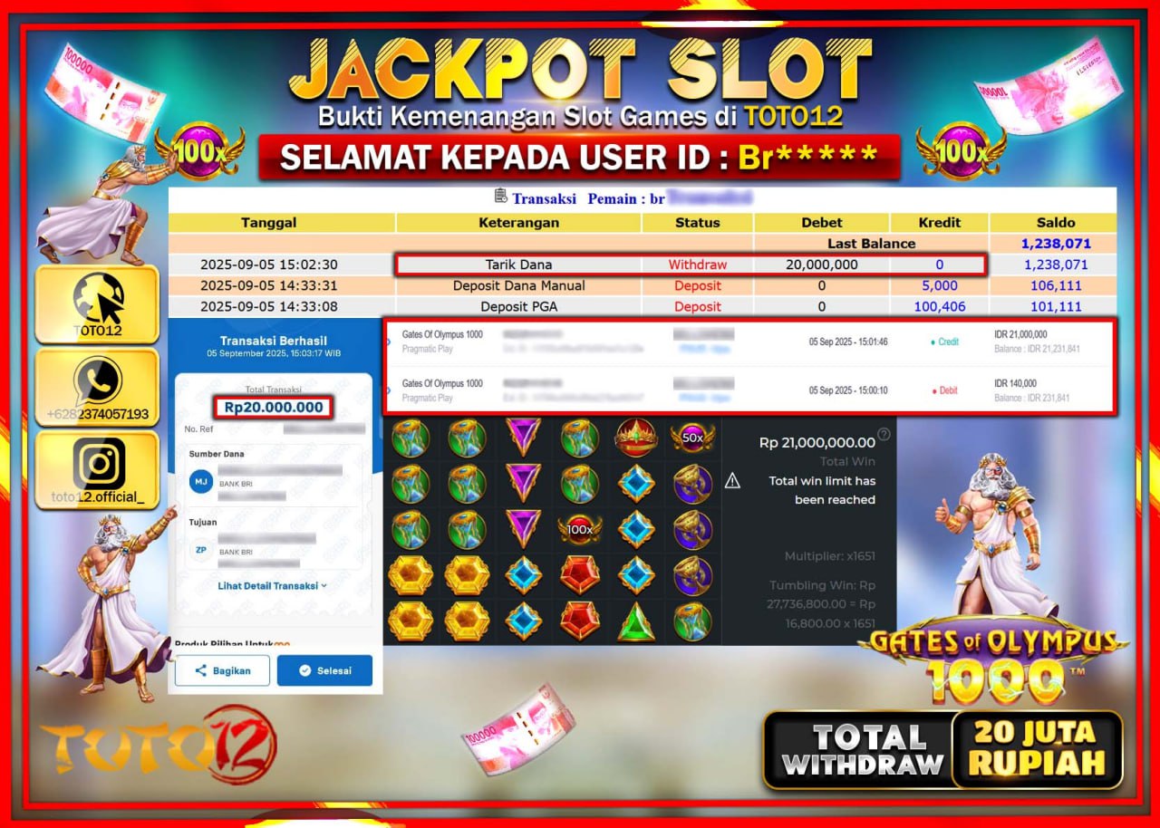 HANYA DI TOTO12 JP PASTI DI BAYAR LUNAS DAN CEPAT!!!!!! JACKPOT SLOT GAME (GATES OF OLYMPUS 1000) Rp.20.000.000 !!!!