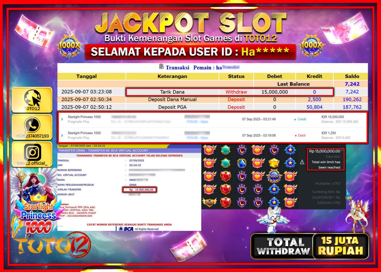 HANYA DI TOTO12 JP PASTI DI BAYAR LUNAS DAN CEPAT!!!!!! JACKPOT SLOT GAME (STARLIGHT PRINCESS 1000) Rp.15.000.000 !!!!
