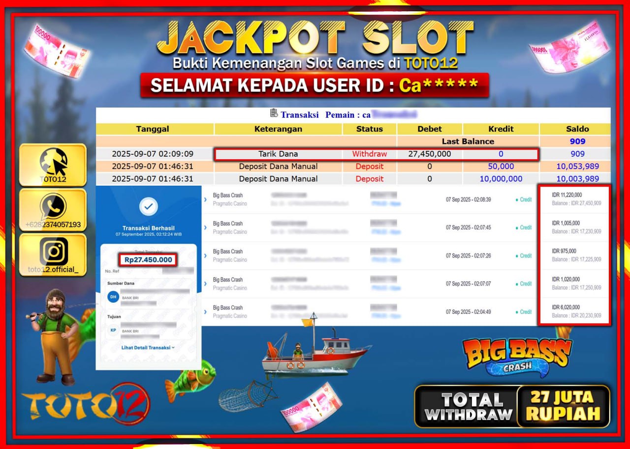 HANYA DI TOTO12 JP PASTI DI BAYAR LUNAS DAN CEPAT!!!!!! JACKPOT SLOT GAME (BIG BASS CRASH) Rp.27.450.000 !!!!