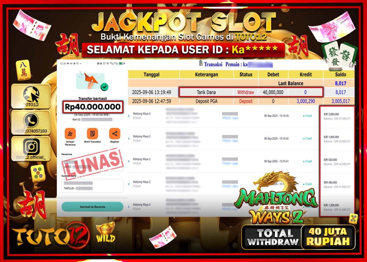 HANYA DI TOTO12 JP PASTI DI BAYAR LUNAS DAN CEPAT!!!!!! JACKPOT SLOT GAME (MAHJONG WAYS 2) Rp.40.000.000 !!!!