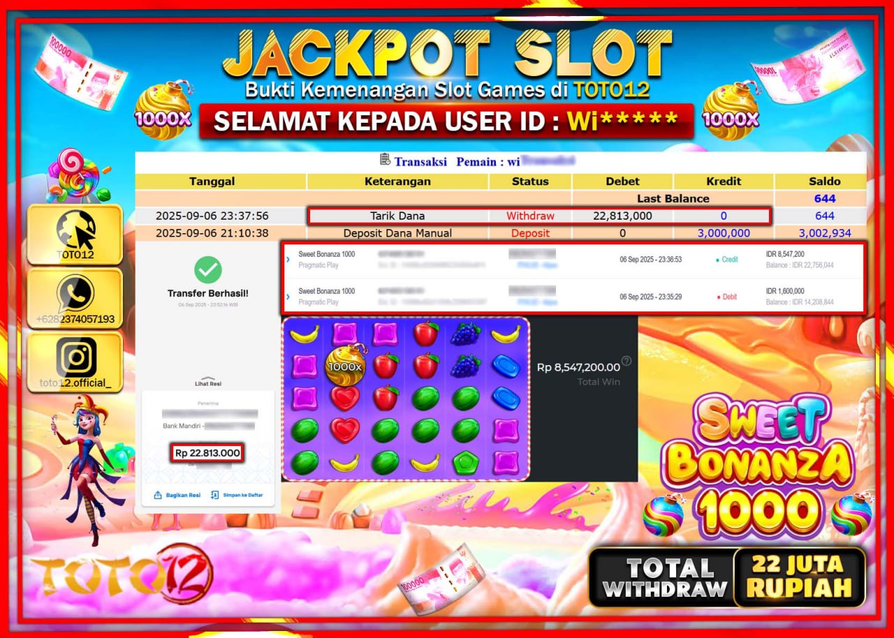 HANYA DI TOTO12 JP PASTI DI BAYAR LUNAS DAN CEPAT!!!!!! JACKPOT SLOT GAME (SWEET BONANZA 1000) Rp.22.813.000 !!!!