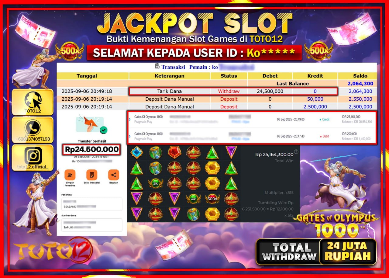HANYA DI TOTO12 JP PASTI DI BAYAR LUNAS DAN CEPAT!!!!!! JACKPOT SLOT GAME (GATES OF OLYMPUS 1000) Rp.24.500.000 !!!!