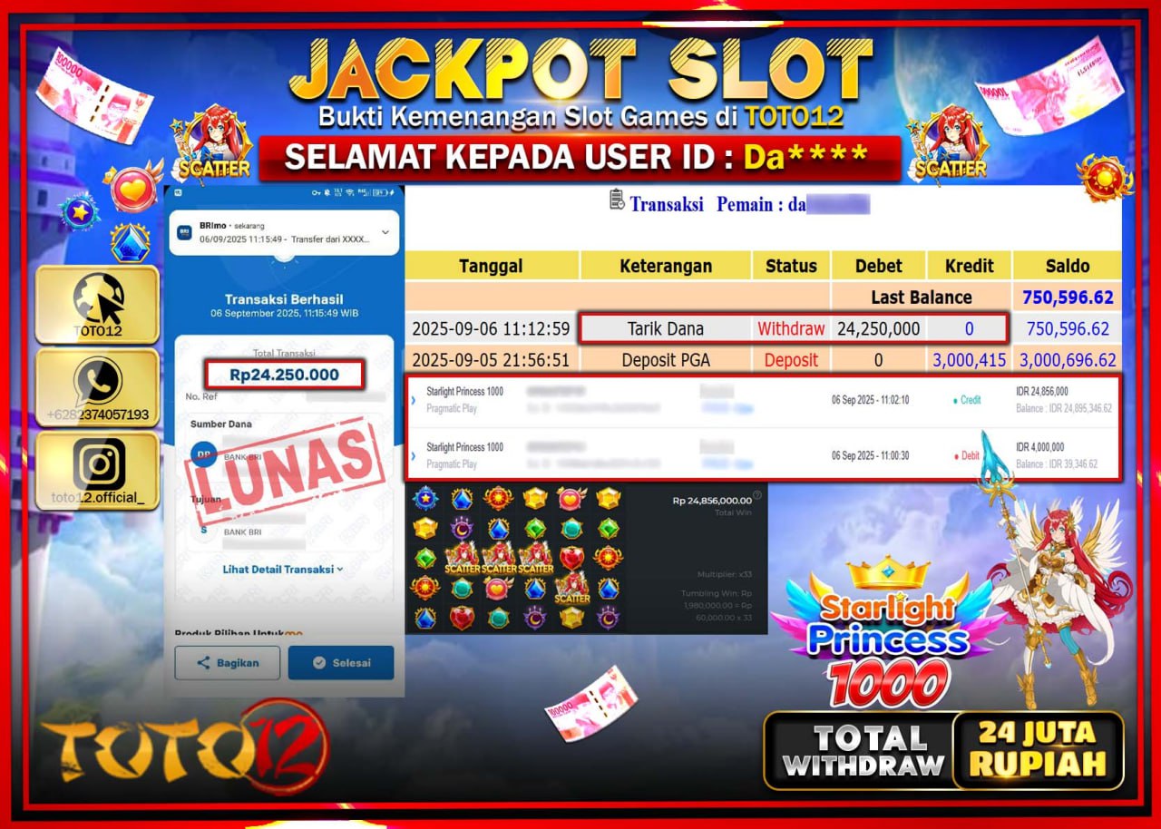 HANYA DI TOTO12 JP PASTI DI BAYAR LUNAS DAN CEPAT!!!!!! JACKPOT SLOT GAME (STARLIGHT PRINCESS 1000) Rp.24.250.000 !!!!