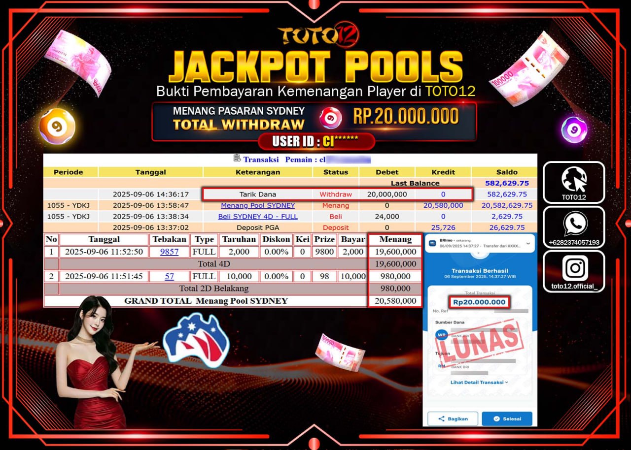 HANYA DI TOTO12 JP PASTI DI BAYAR LUNAS DAN CEPAT!!!!!! JACKPOT POOLS PASARAN (SYDNEY) Rp.20.000.000 !!!!