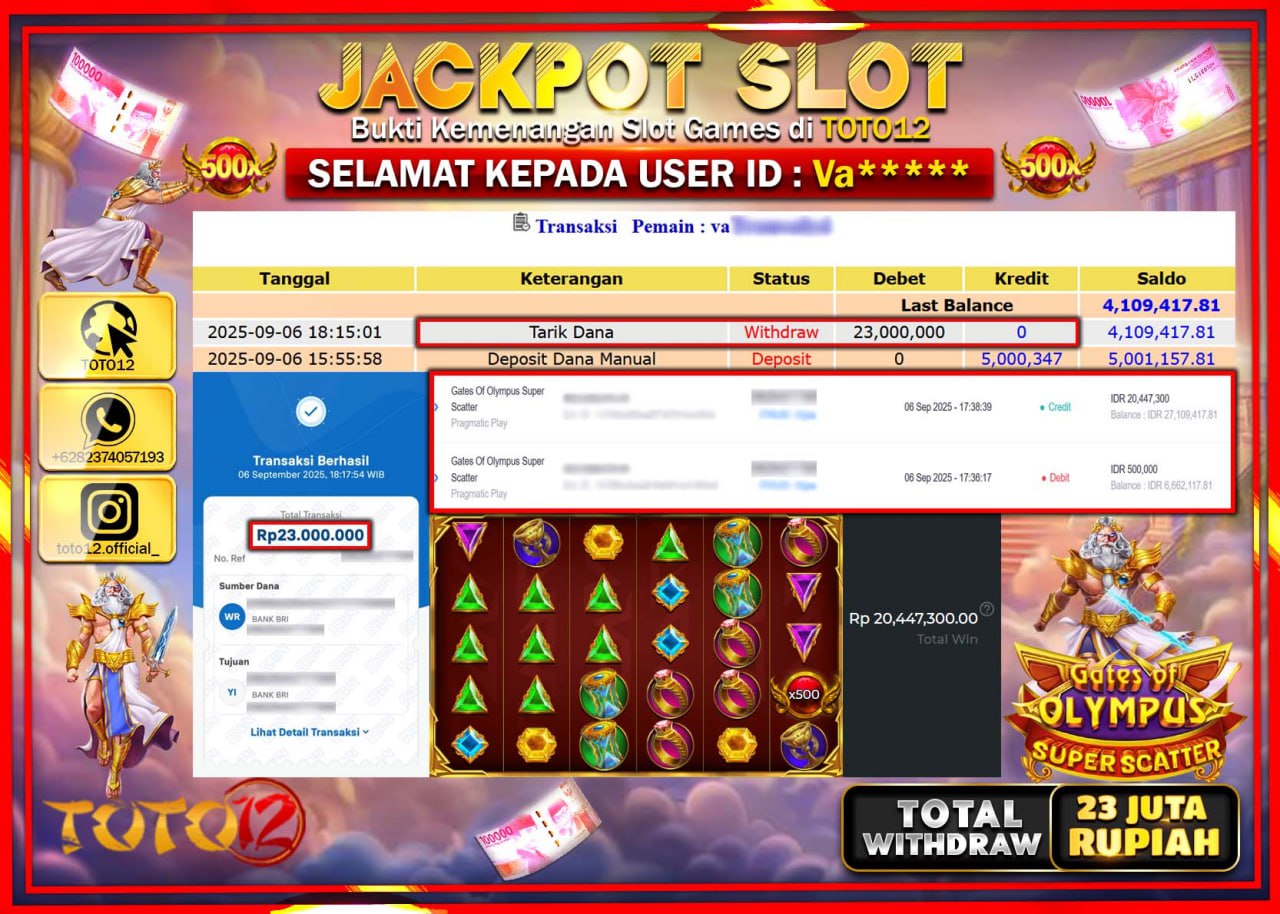 HANYA DI TOTO12 JP PASTI DI BAYAR LUNAS DAN CEPAT!!!!!! JACKPOT SLOT GAME (GATES OF OLYMPUS SUPER SCATTER) Rp.23.000.000 !!!!