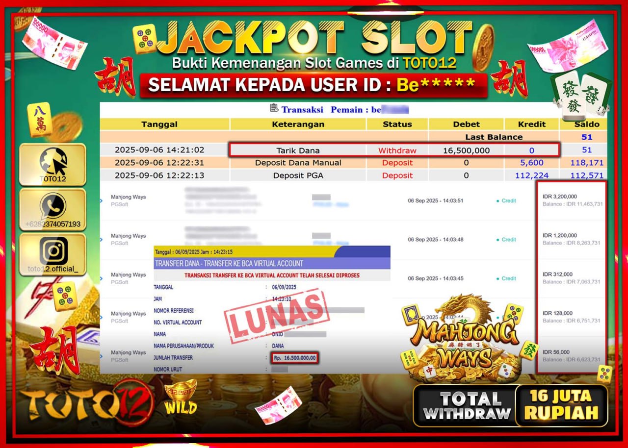 HANYA DI TOTO12 JP PASTI DI BAYAR LUNAS DAN CEPAT!!!!!! JACKPOT SLOT GAME (MAHJONG WAYS) Rp.16.500.000 !!!!