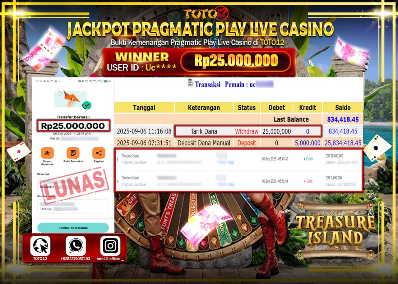 HANYA DI TOTO12 JP PASTI DI BAYAR LUNAS DAN CEPAT!!!!!! JACKPOT PRAGMATIC PLAY LIVE CASINO (TREASURE ISLAND) Rp.25.000.000 !!!!