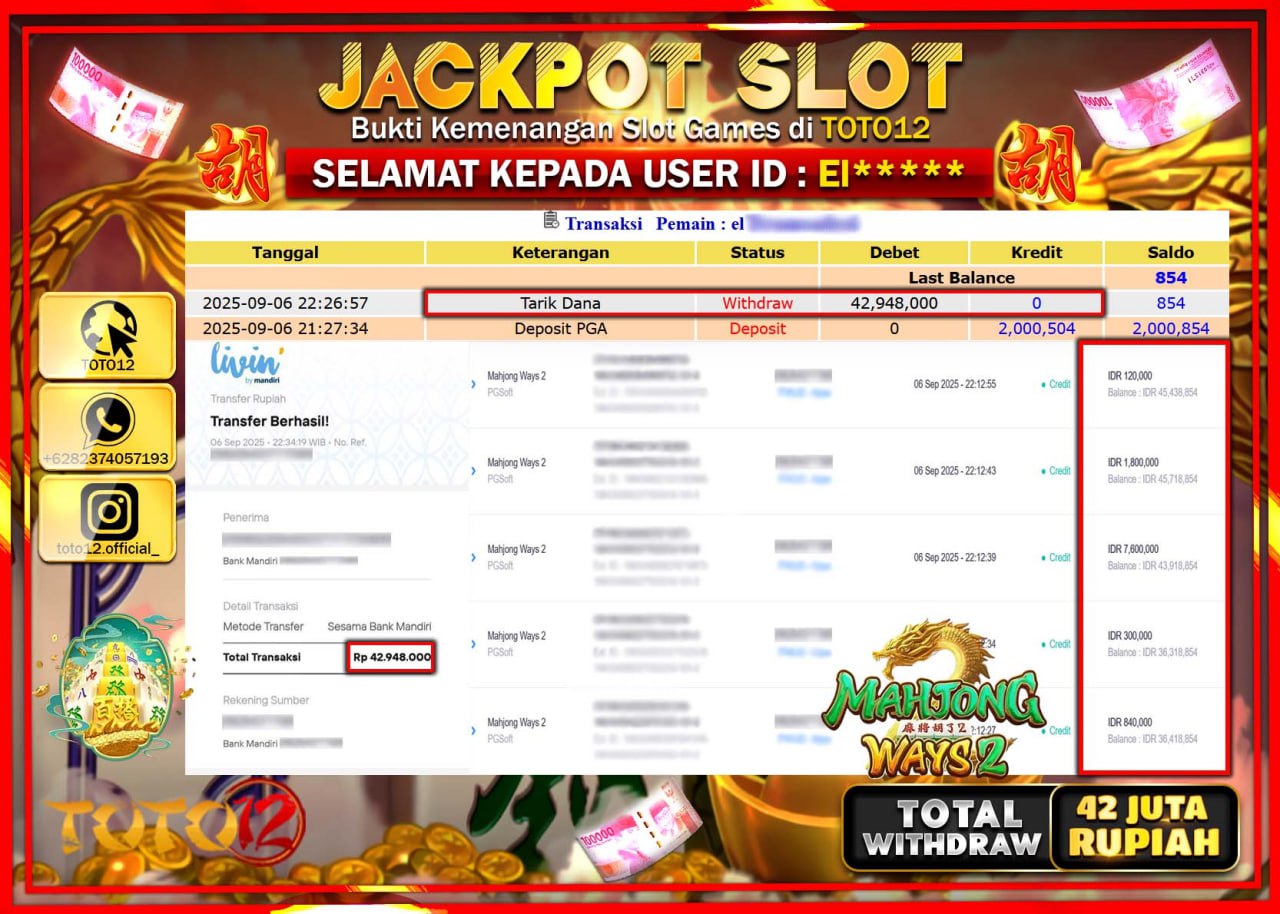 HANYA DI TOTO12 JP PASTI DI BAYAR LUNAS DAN CEPAT!!!!!! JACKPOT SLOT GAME (MAHJONG WAYS 2) Rp.42.948.000 !!!!