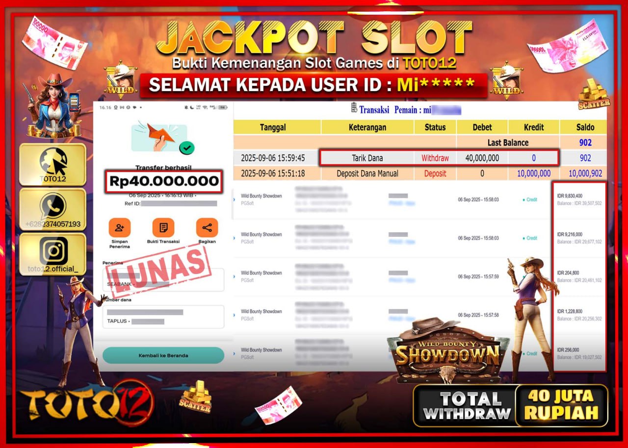 HANYA DI TOTO12 JP PASTI DI BAYAR LUNAS DAN CEPAT!!!!!! JACKPOT SLOT GAME (WILD BOUNTY SHOWDOWN) Rp.40.000.000 !!!!