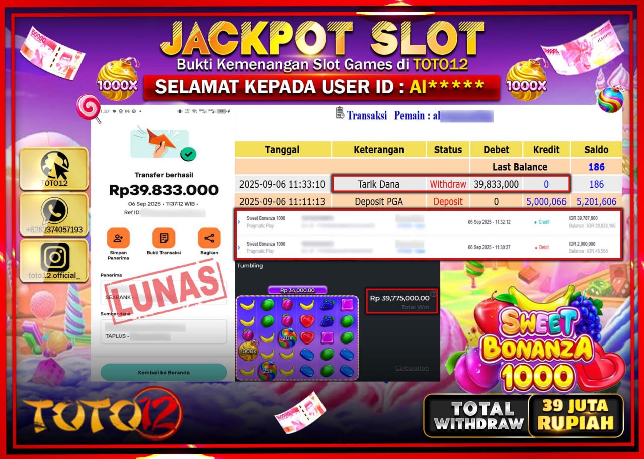 HANYA DI TOTO12 JP PASTI DI BAYAR LUNAS DAN CEPAT!!!!!! JACKPOT SLOT GAME (SWEET BONANZA 1000) Rp.39.833.000 !!!!