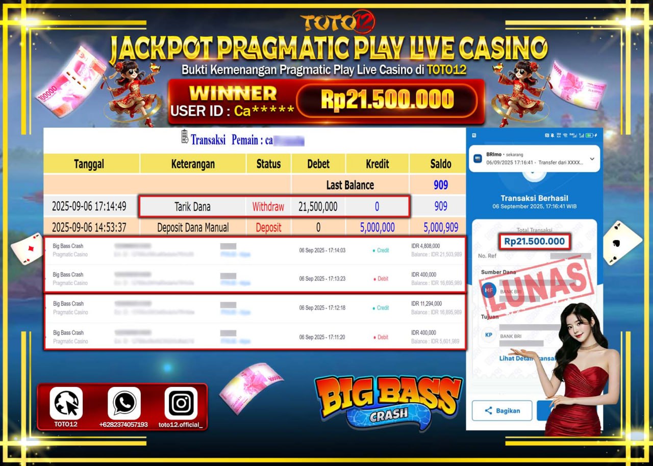 HANYA DI TOTO12 JP PASTI DI BAYAR LUNAS DAN CEPAT!!!!!! JACKPOT PRAGMATIC PLAY LIVE CASINO (BIG BASS CRASH) Rp.21.500.000 !!!!