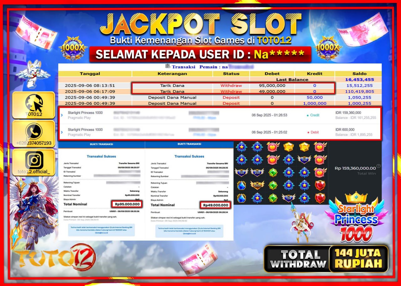 HANYA DI TOTO12 JP PASTI DI BAYAR LUNAS DAN CEPAT!!!!!! JACKPOT SLOT GAME (STARLIGHT PRINCESS 1000) Rp.144.000.000 !!!!