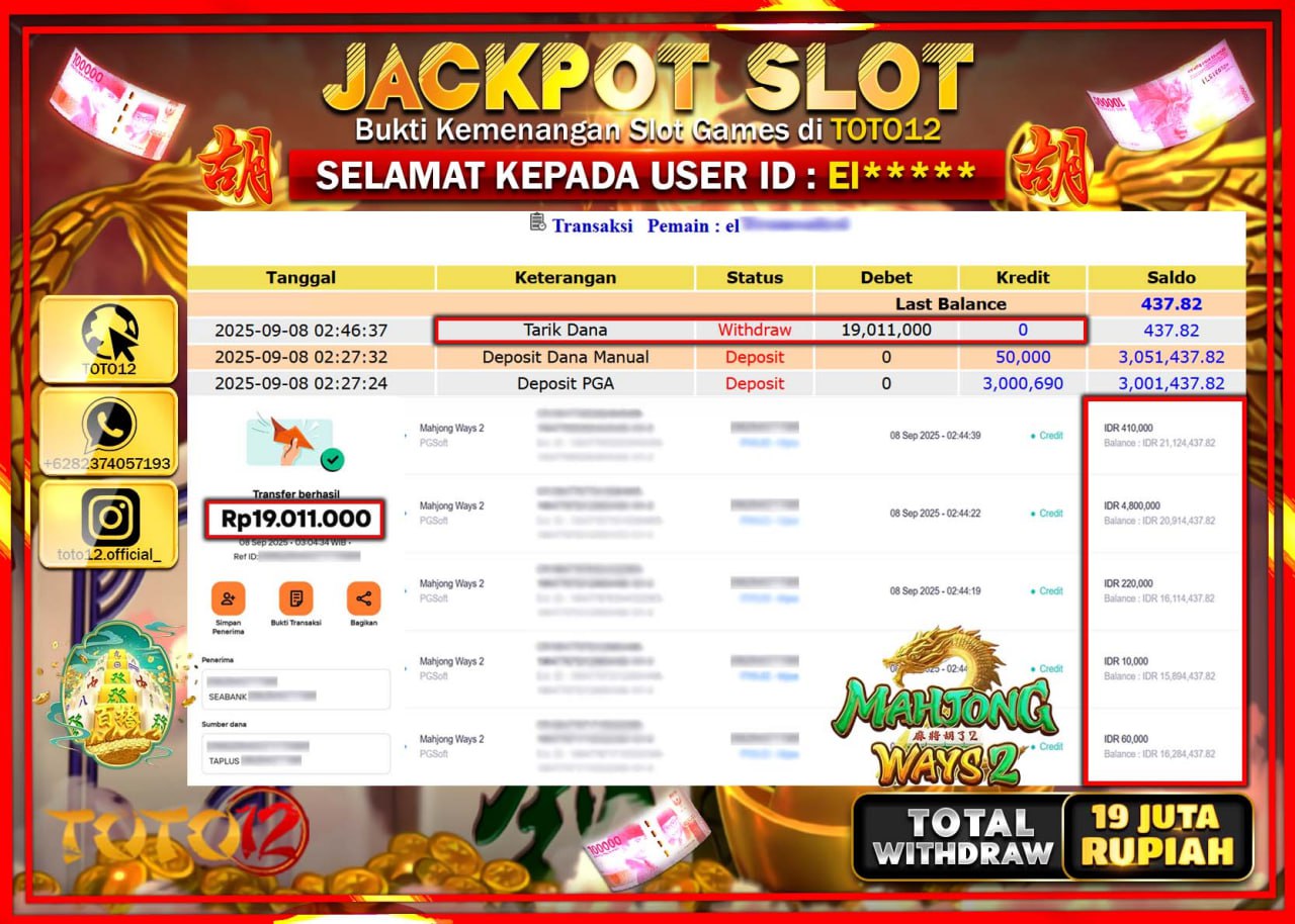 HANYA DI TOTO12 JP PASTI DI BAYAR LUNAS DAN CEPAT!!!!!! JACKPOT SLOT GAME (MAHJONG WAYS 2) Rp.19.011.000 !!!!