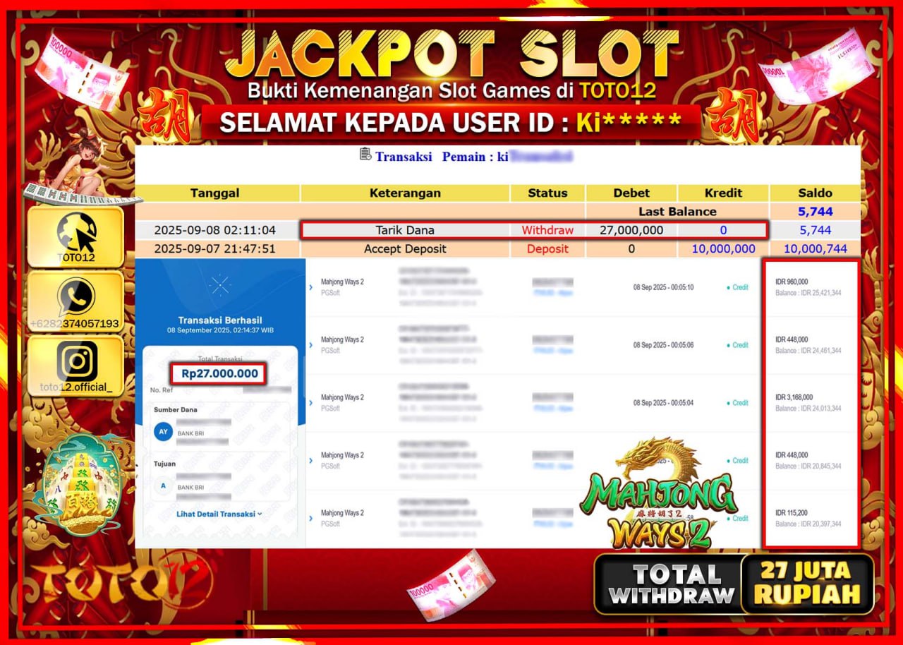 HANYA DI TOTO12 JP PASTI DI BAYAR LUNAS DAN CEPAT!!!!!! JACKPOT SLOT GAME (MAHJONG WAYS 2) Rp.27.000.000 !!!!