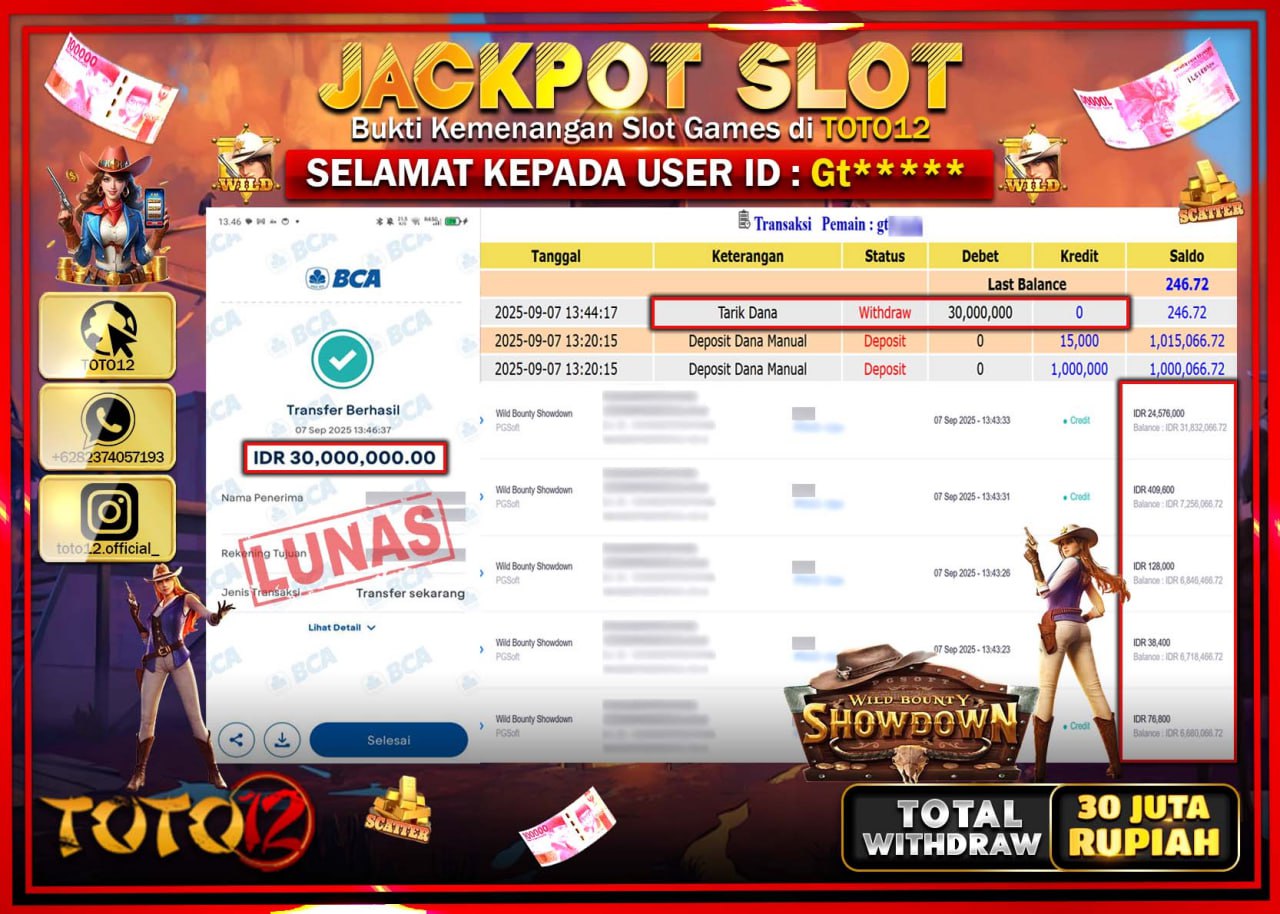 HANYA DI TOTO12 JP PASTI DI BAYAR LUNAS DAN CEPAT!!!!!! JACKPOT SLOT GAME (WILD BOUNTY SHOWDOWN) Rp.30.000.000 !!!!