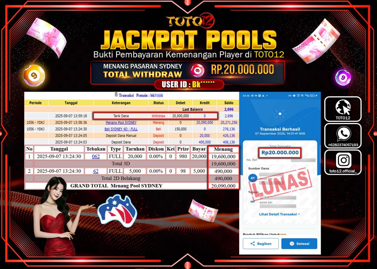 HANYA DI TOTO12 JP PASTI DI BAYAR LUNAS DAN CEPAT!!!!!! JACKPOT POOLS PASARAN (SYDNEY) Rp.20.000.000 !!!!